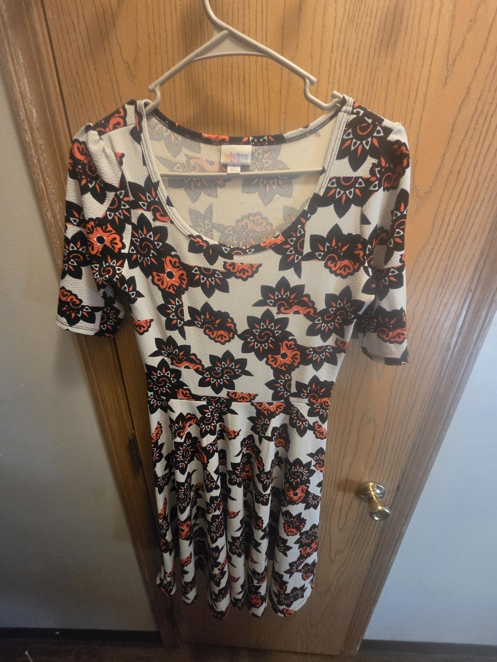 LuLaRoe Womens Fit And Flare Cream Dress with Black and Orange Floral Print